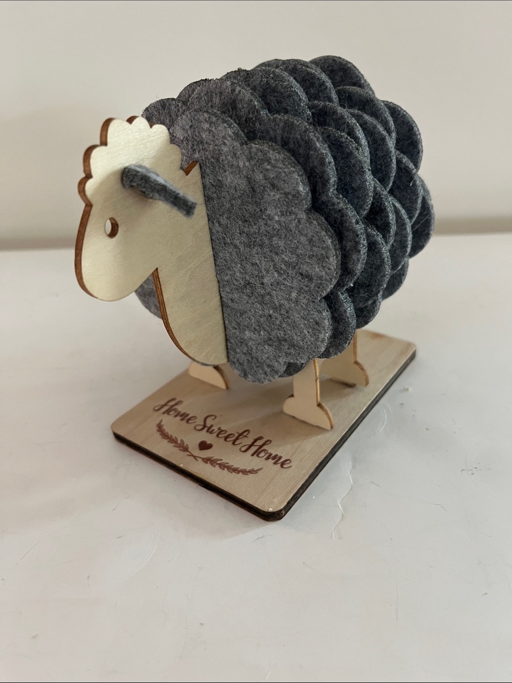 Cottagecore Gray Felt Sheep Coaster Set with Wooden Holder